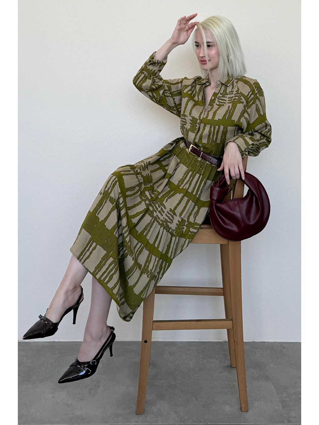 Haki Uzun Kollu Düğmeli Desenli Elbise Mg2431-2