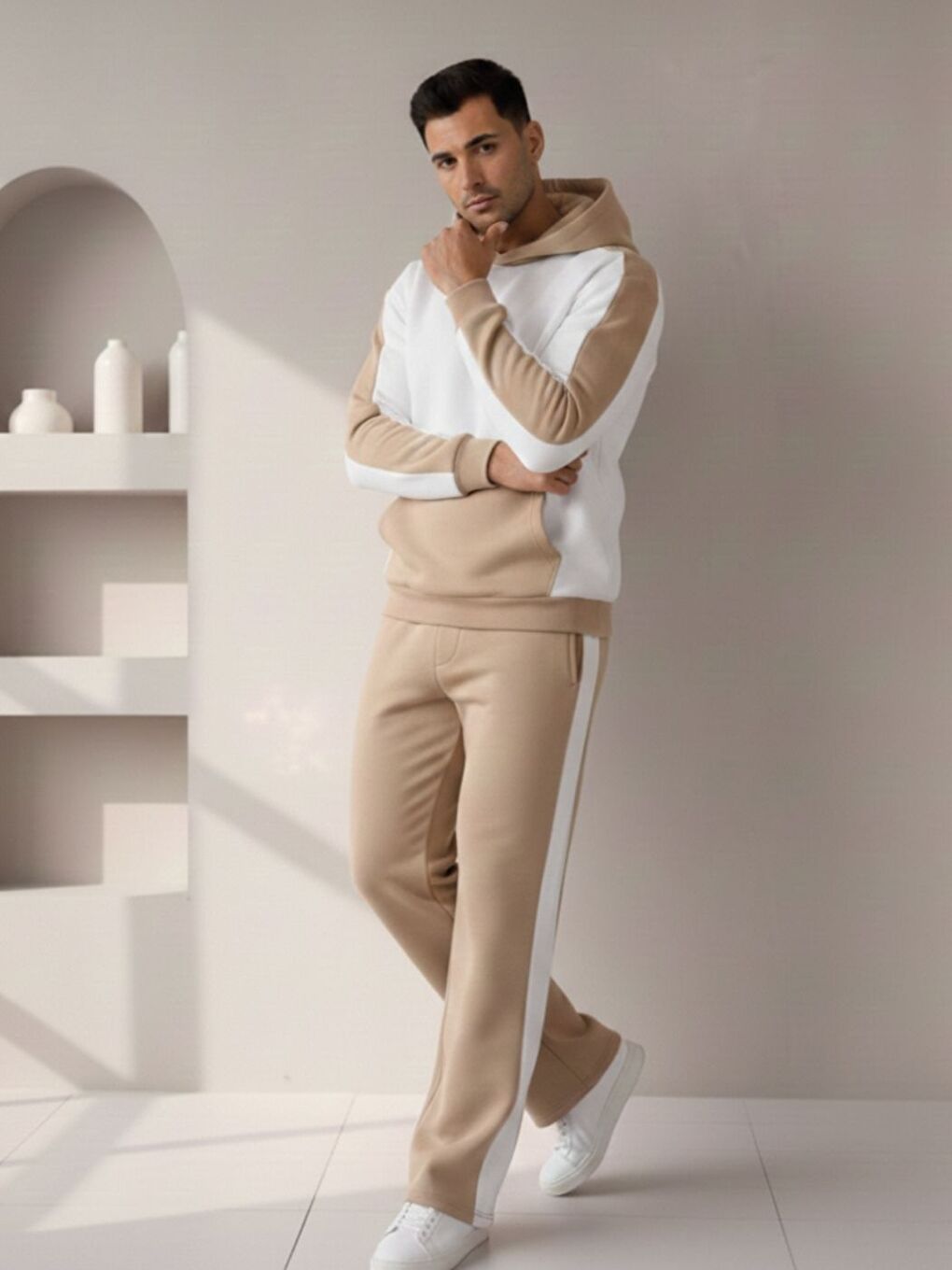 Erkek Bej Beyaz Bol Kalıp Alt Üst Yanı Şeritli Eşofman Takımı