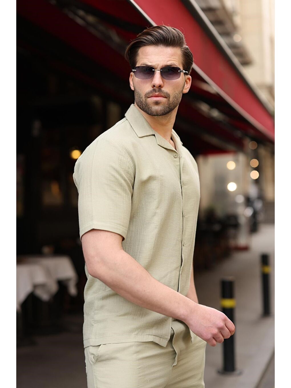 Mint Yeşili %100 Pamuklu Erkek Şort Gömlek Takım E7361-3