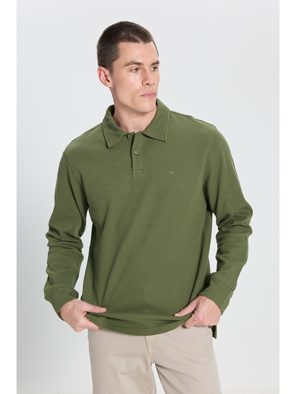 Yeşil Regular Fit Normal Kesim Haki Polo Yaka Tişört-1