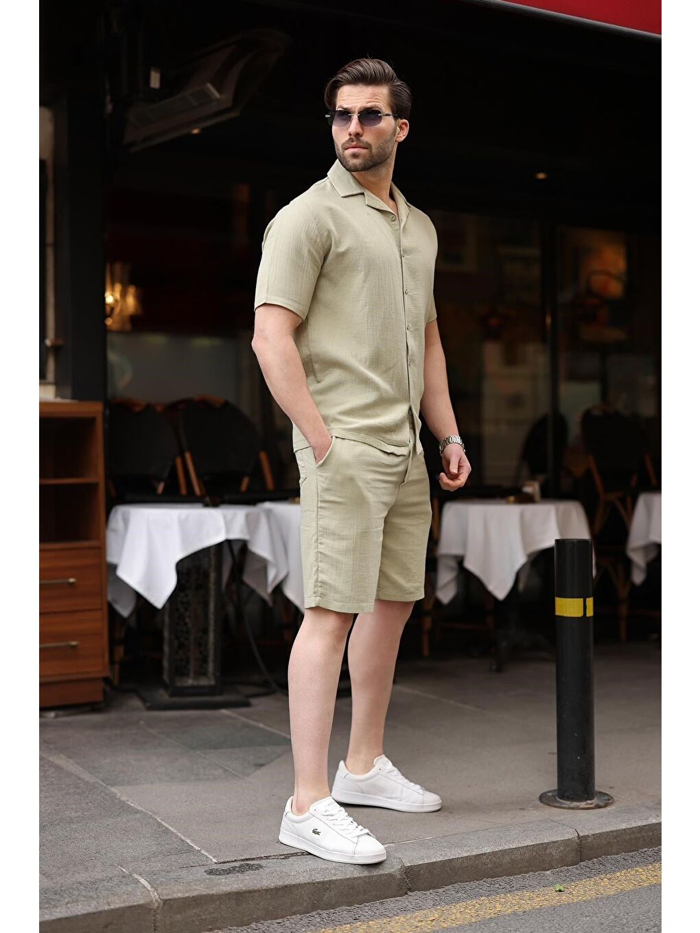 Mint Yeşili %100 Pamuklu Erkek Şort Gömlek Takım E7361-4