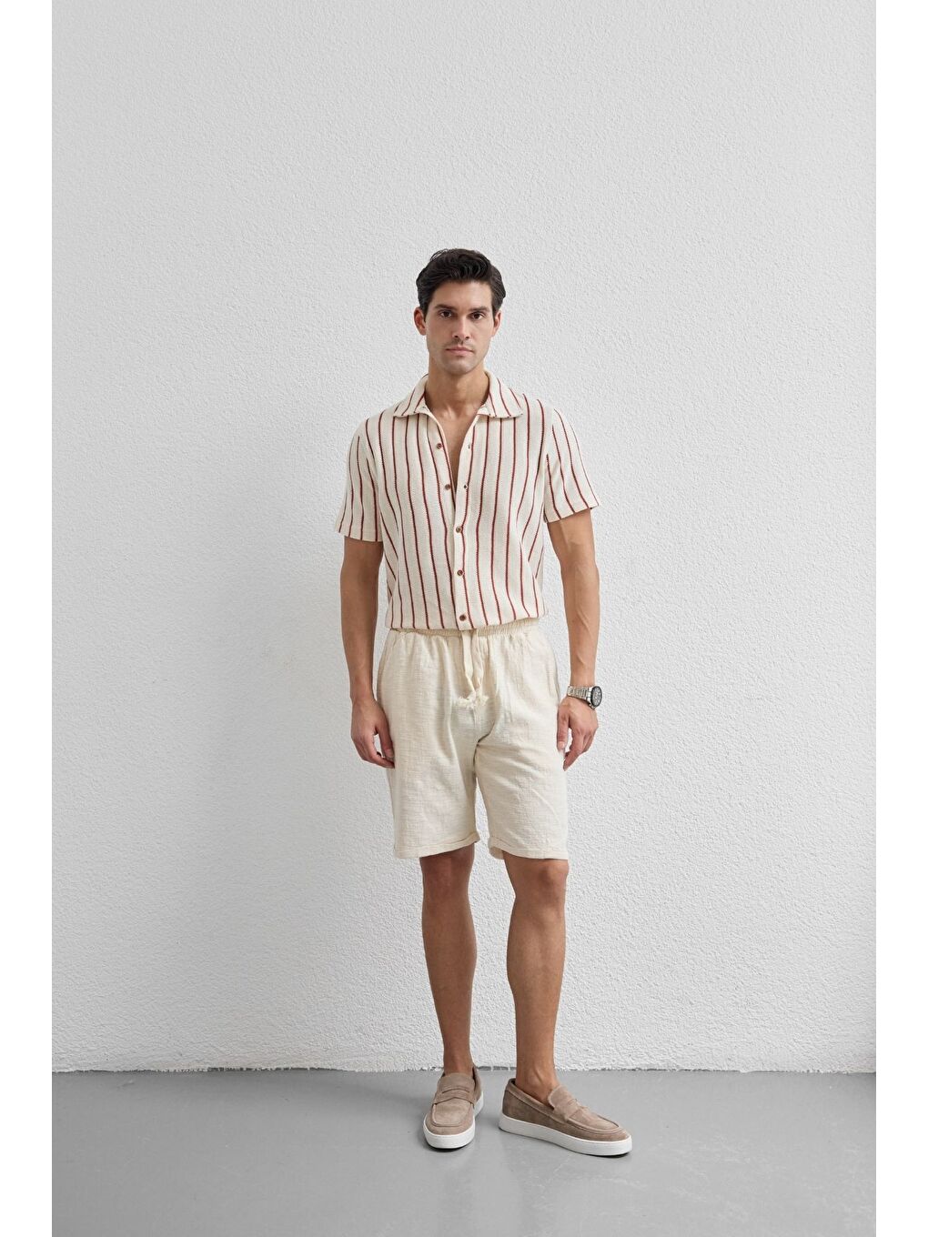 Bej Sangi Erkek Keten Rahat Kalıp Şort-1