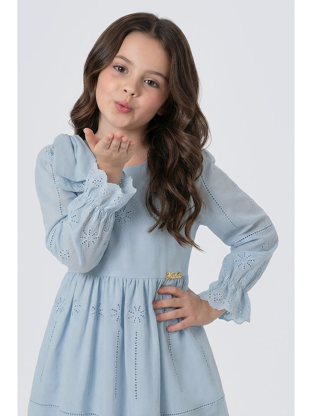 Mavi Kız Çocuk Omzu Fiyonk Detaylı Uzun Kollu Fisto Elbise-1