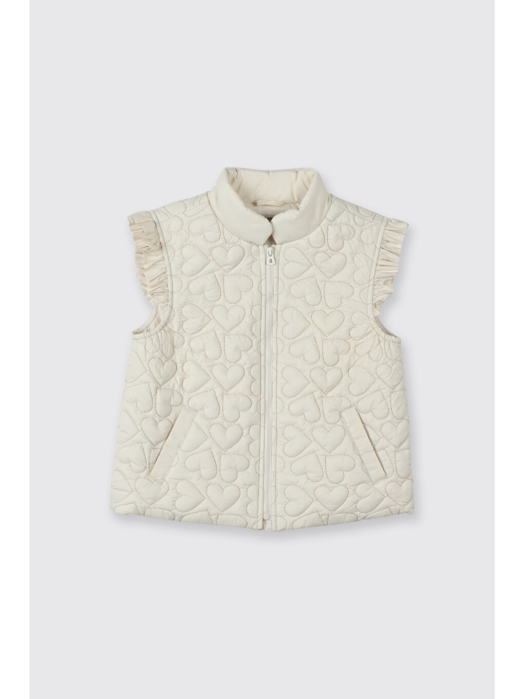Kız Bebek Kalp Desenli Fırfır Detaylı Pamuk Astarlı Yüksek Yaka Micro Bej Yelek