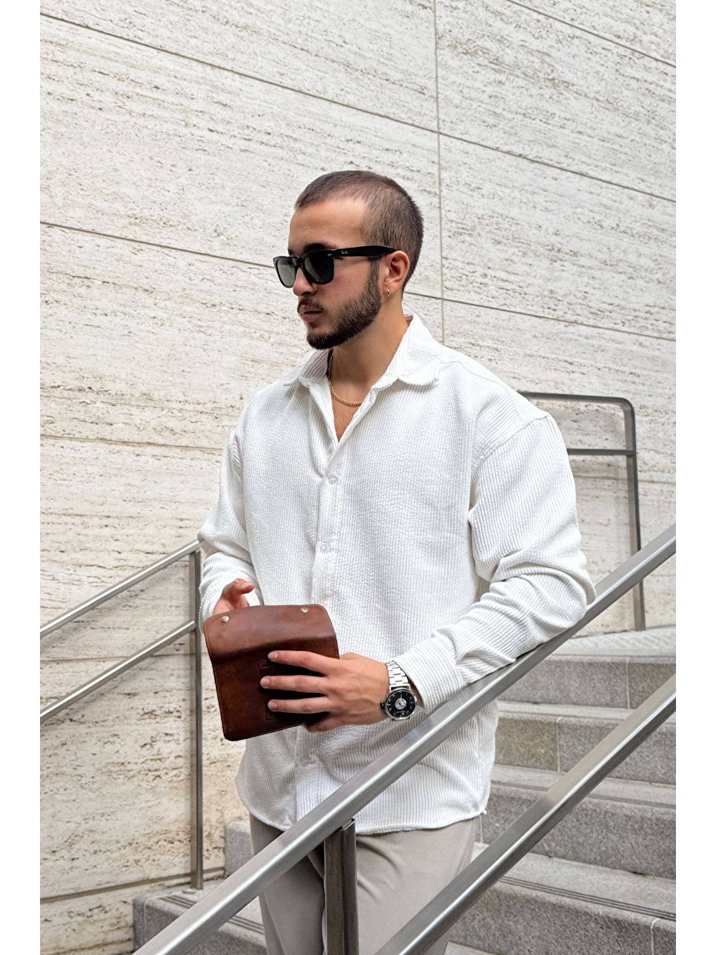 Beyaz Yotau Erkek Oversize Fit Kadife Uzun Kollu Gömlek Ceket-2