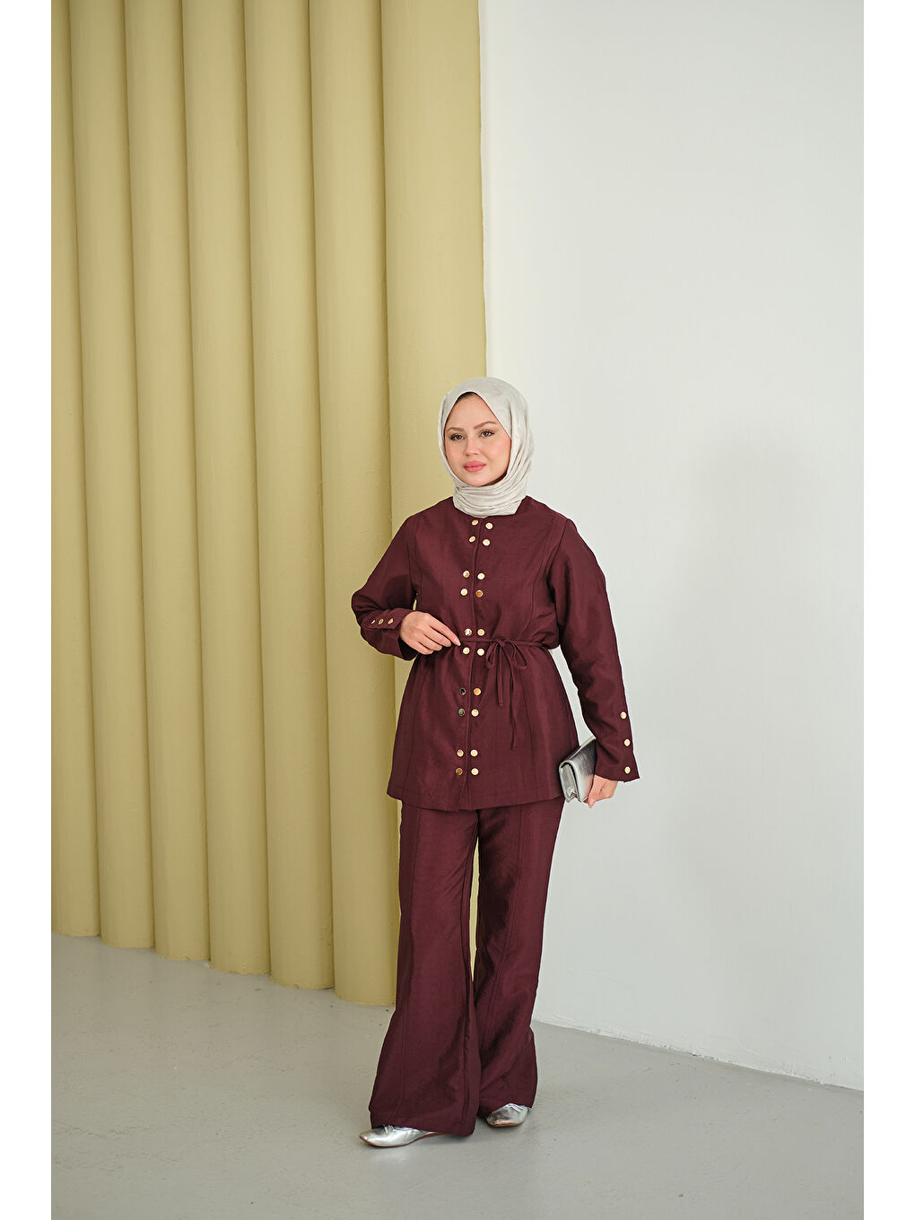 Kadın Gold Çıt Çıt Detay Takım Bordo-2