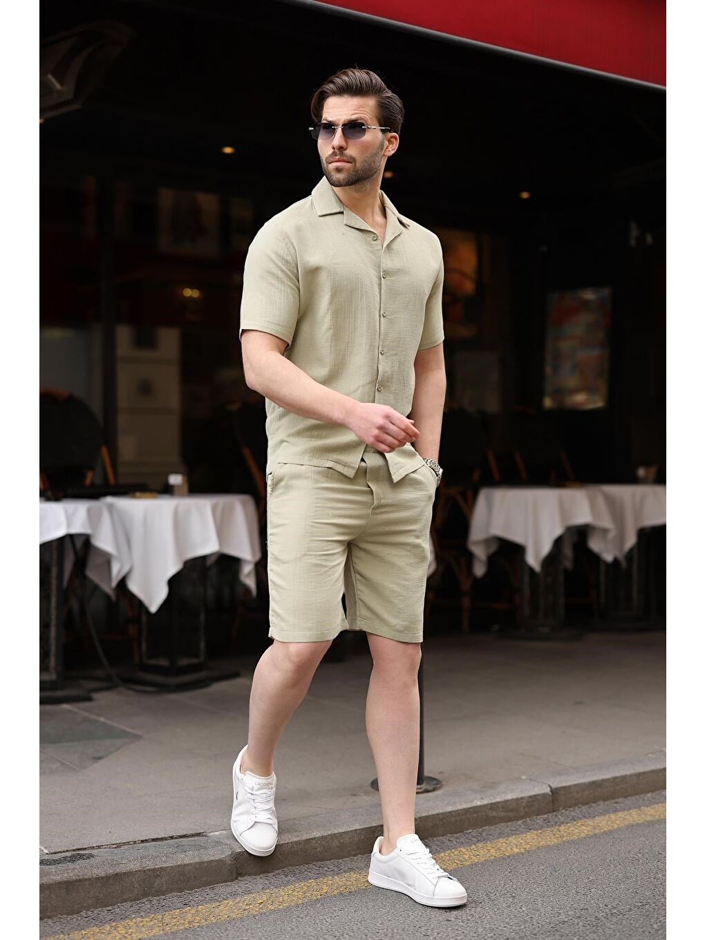 Mint Yeşili %100 Pamuklu Erkek Şort Gömlek Takım E7361-5