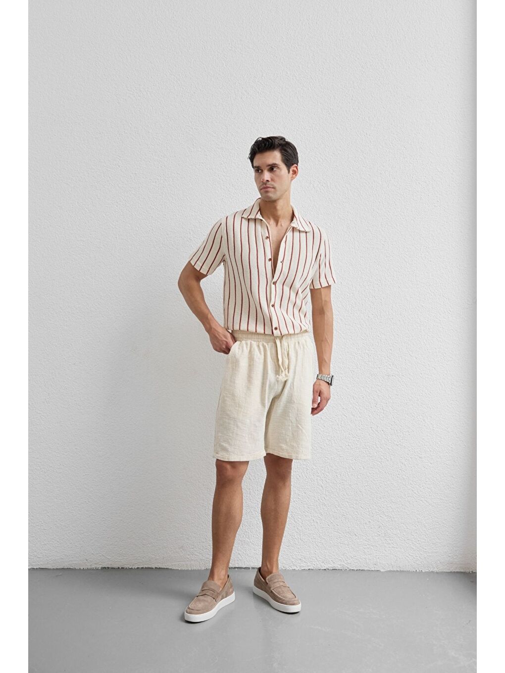 Bej Sangi Erkek Keten Rahat Kalıp Şort-2