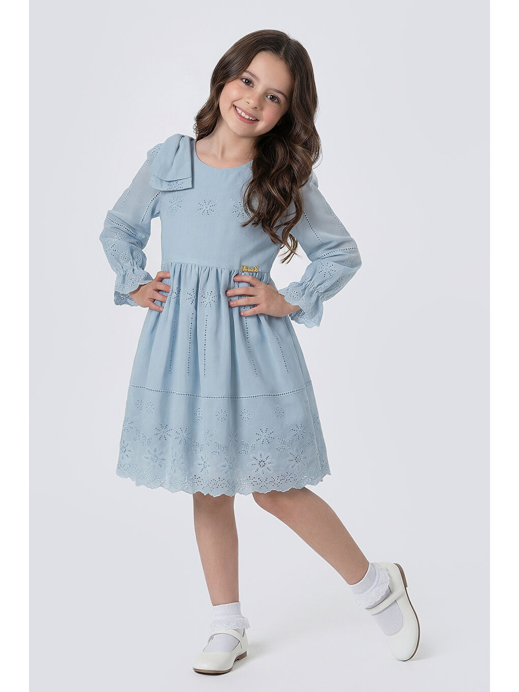 Mavi Kız Çocuk Omzu Fiyonk Detaylı Uzun Kollu Fisto Elbise-2