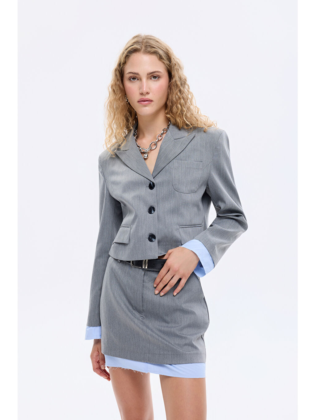 Kemer Aksesuarlı Kumaş Garnili Mini Etek Gri-2