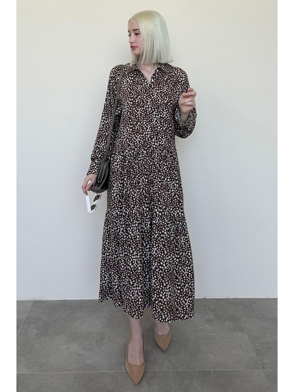 Kahverengi Uzun Kollu Düğmeli Desenli Elbise Mg2431-1