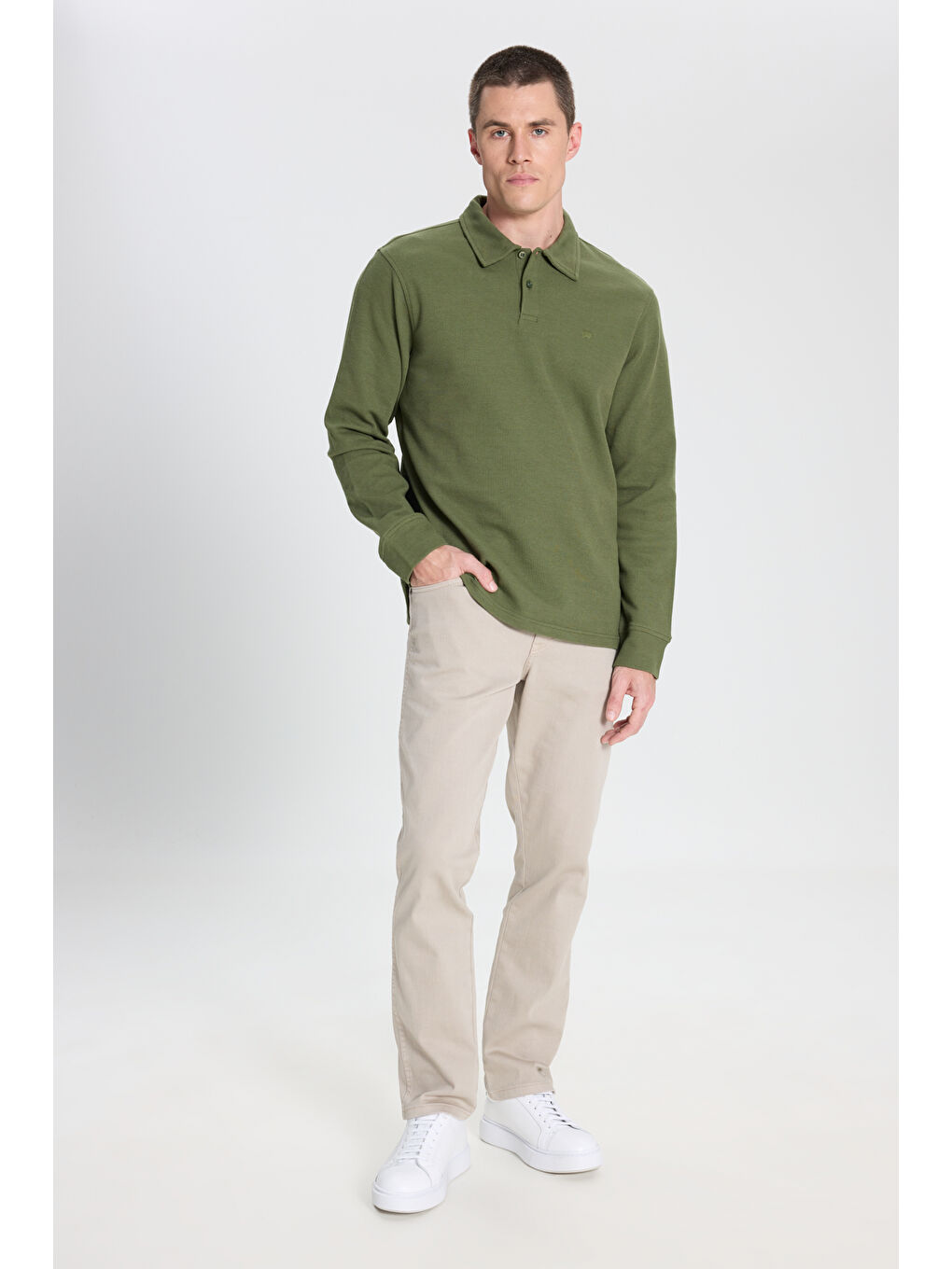 Yeşil Regular Fit Normal Kesim Haki Polo Yaka Tişört-2