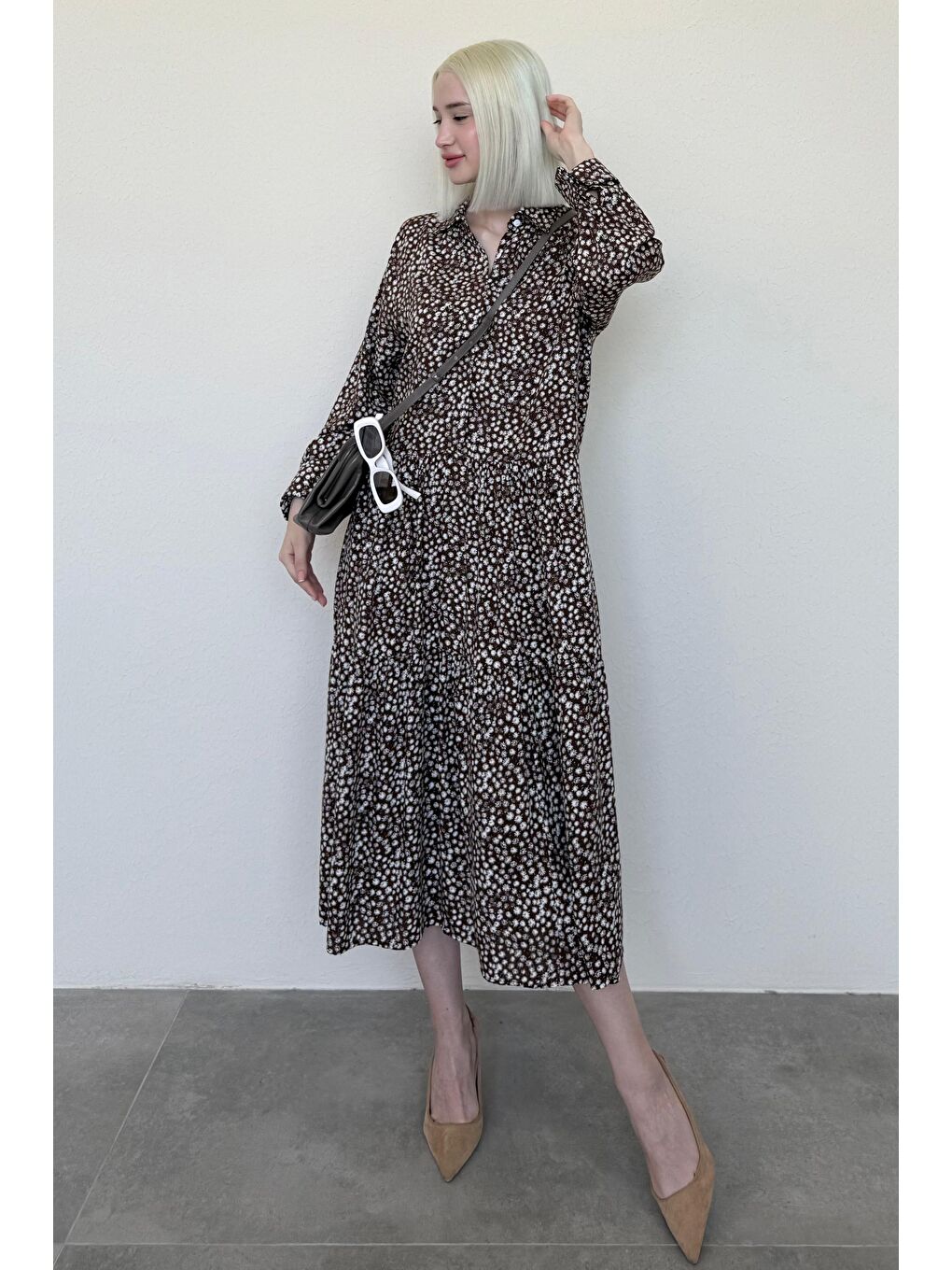 Kahverengi Uzun Kollu Düğmeli Desenli Elbise Mg2431-2