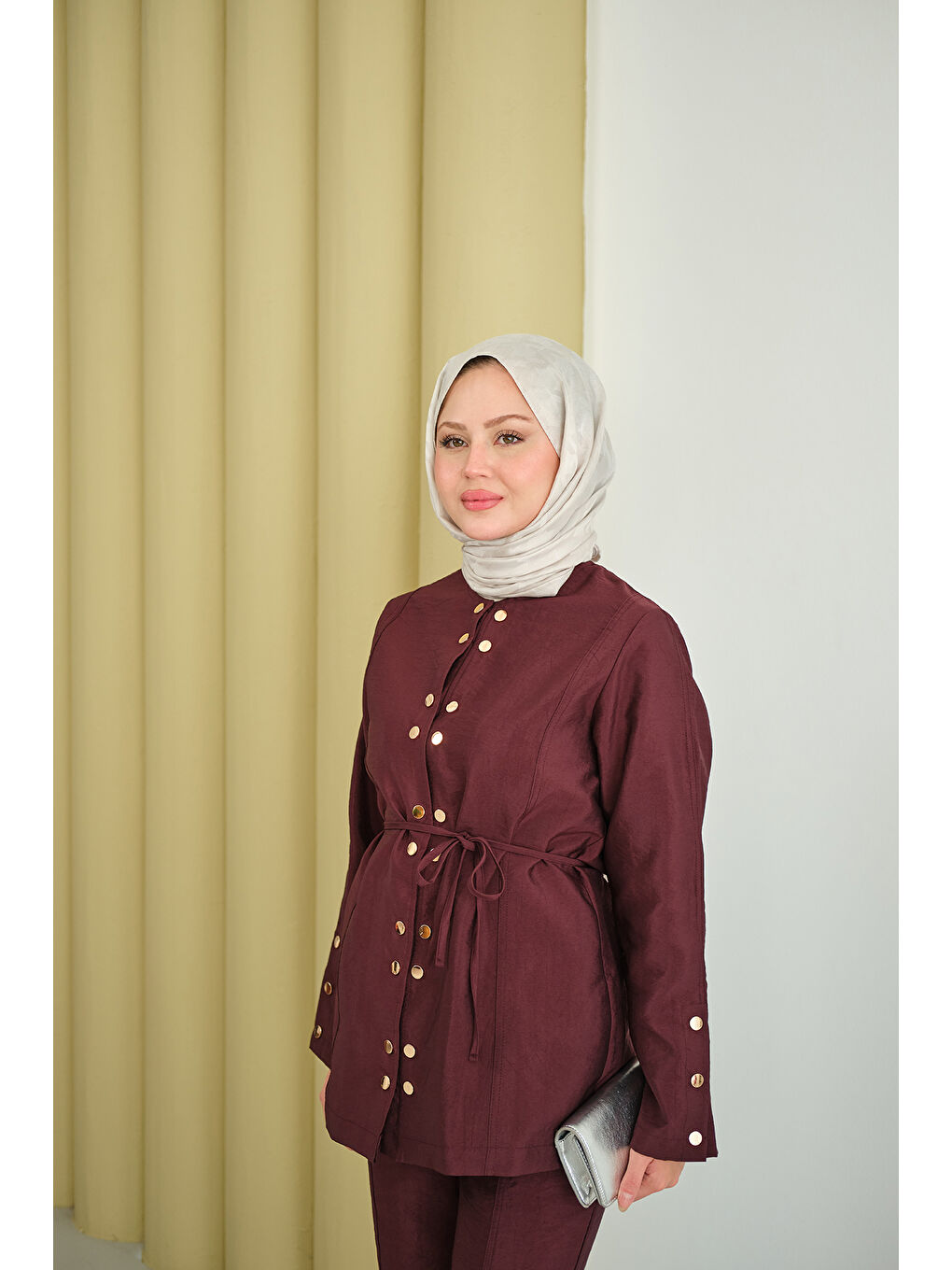 Kadın Gold Çıt Çıt Detay Takım Bordo-3