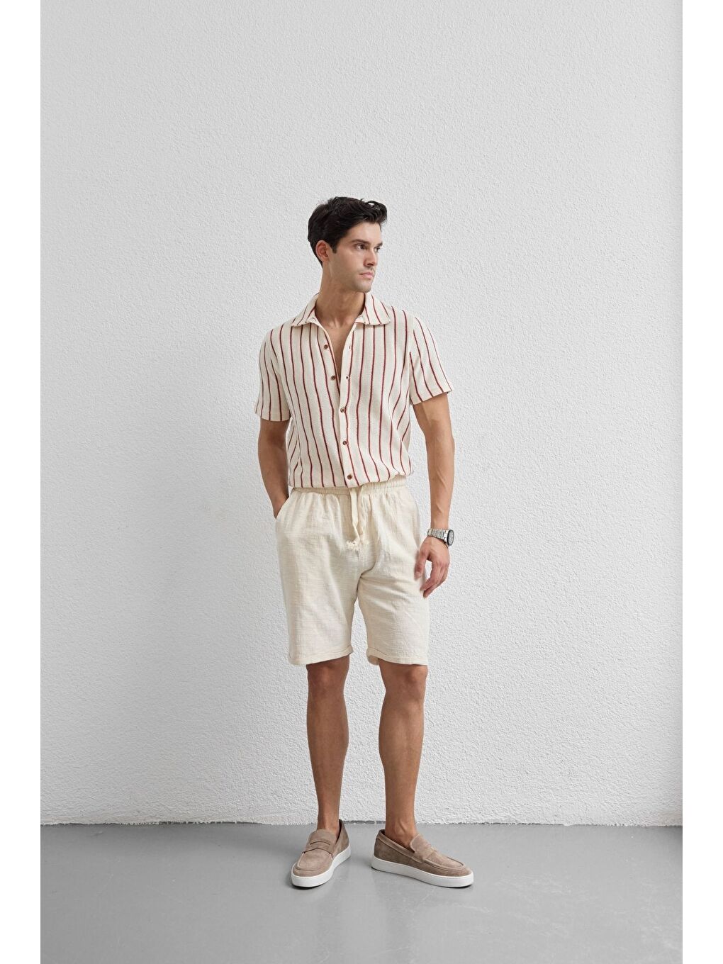 Bej Sangi Erkek Keten Rahat Kalıp Şort-3