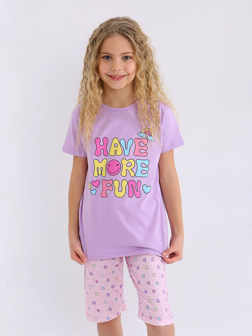 Lila Kız Çocuk Kısa Kollu Kapri %100 Pamuklu Pijama Takımı More Fun