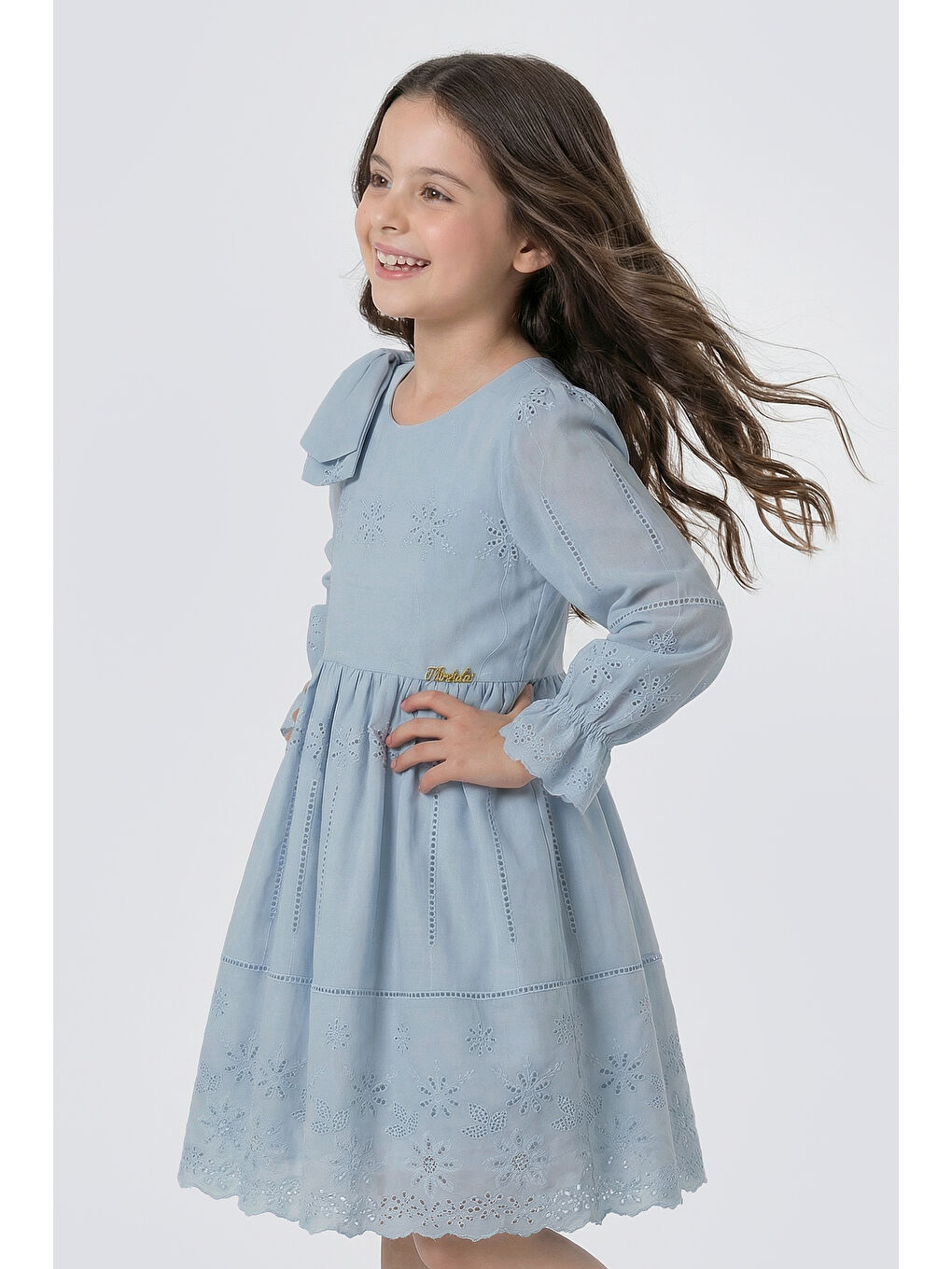 Mavi Kız Çocuk Omzu Fiyonk Detaylı Uzun Kollu Fisto Elbise-3