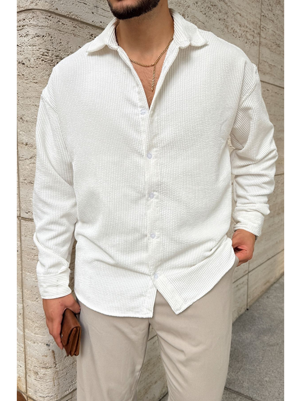 Beyaz Yotau Erkek Oversize Fit Kadife Uzun Kollu Gömlek Ceket-3