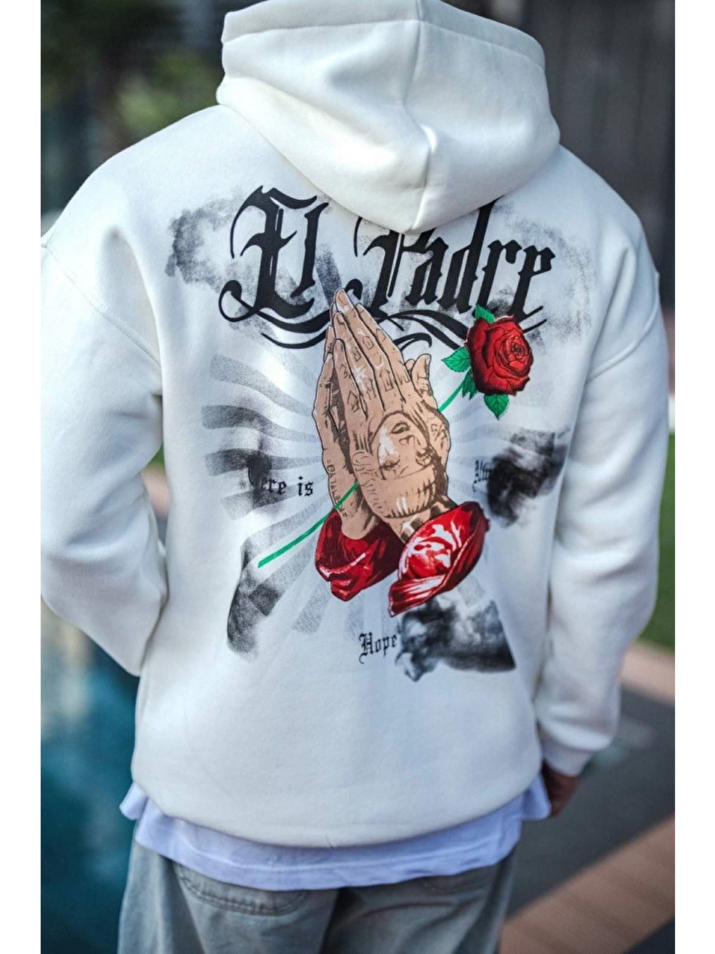 Üç İplik Penye Kapüşonlu Baskılı Sweatshirt - Beyaz-2