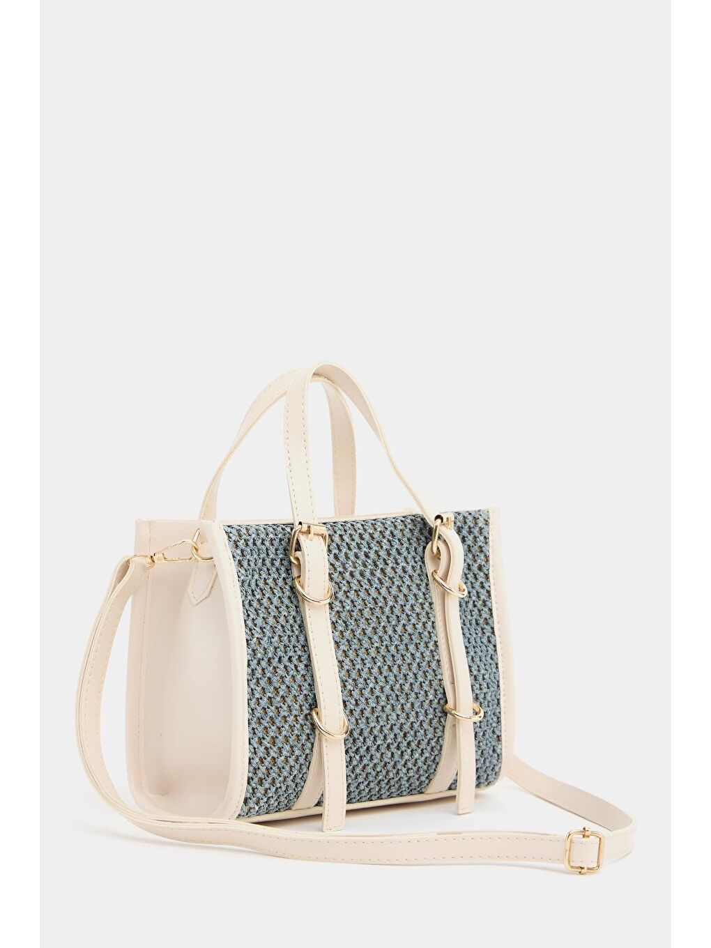 Deri Detaylı Hasır Örgü Kadın Çanta – Bohem Stil Omuz Ve El Çantası Bej-1