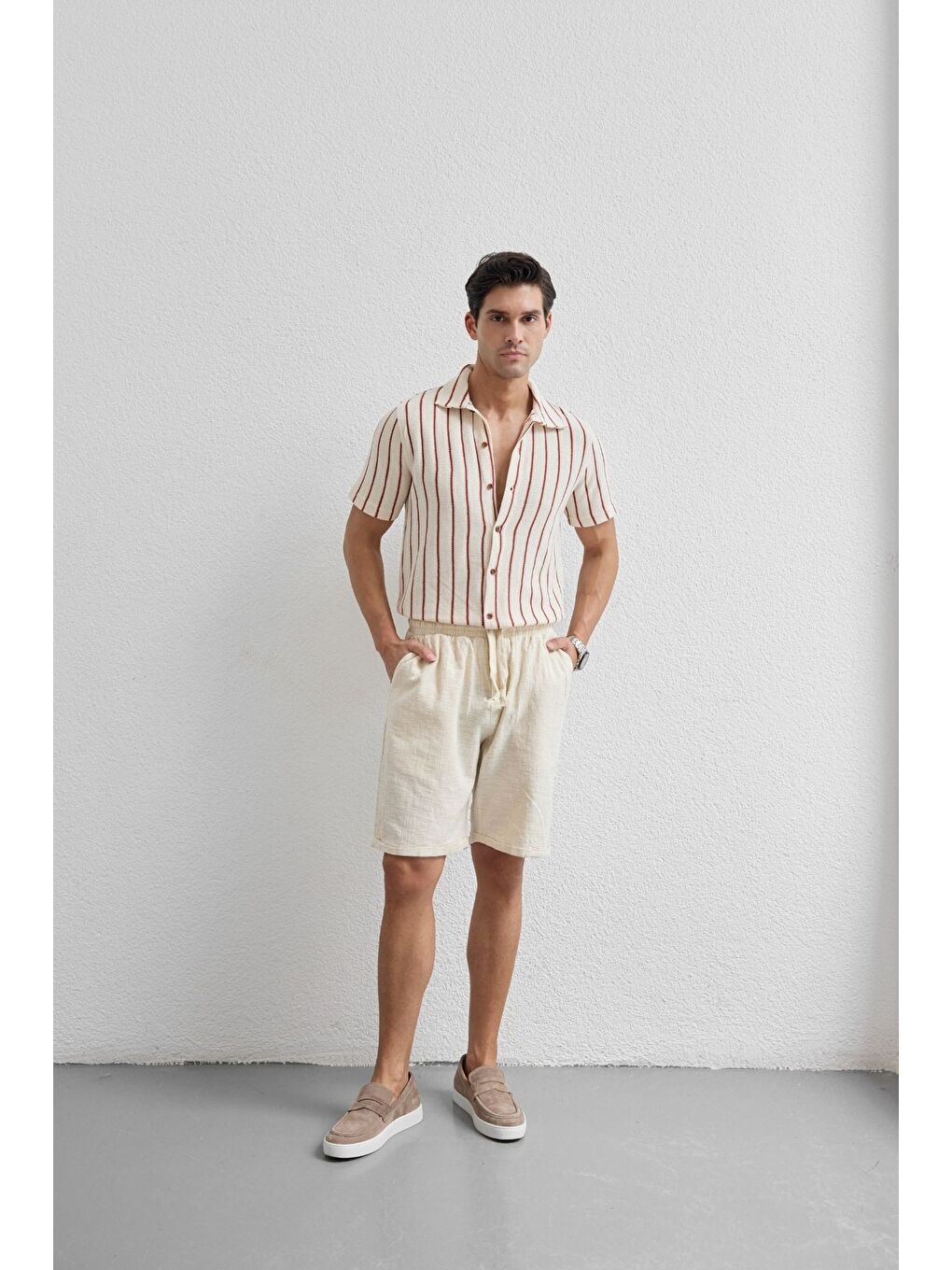 Bej Sangi Erkek Keten Rahat Kalıp Şort-4