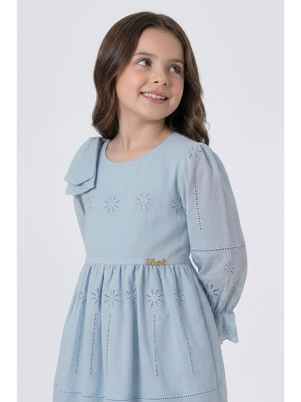 Mavi Kız Çocuk Omzu Fiyonk Detaylı Uzun Kollu Fisto Elbise-4