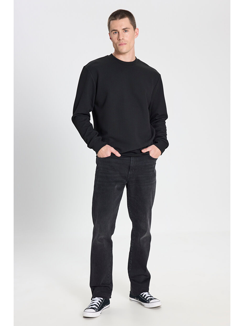 Regular Fit Normal Kesim Bisiklet Yaka Siyah Sweatshirt-2