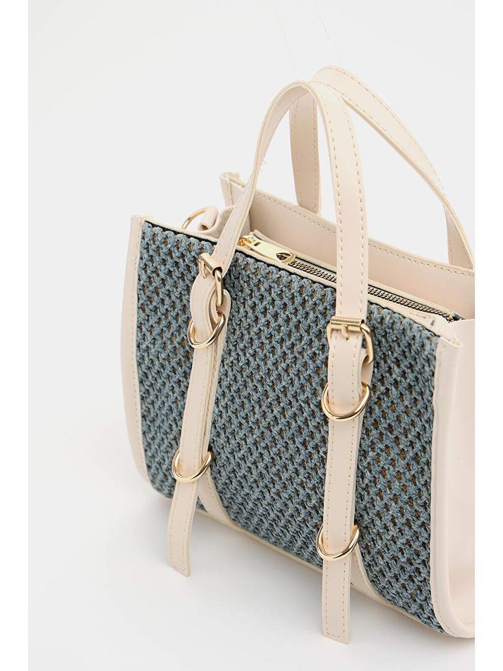 Deri Detaylı Hasır Örgü Kadın Çanta – Bohem Stil Omuz Ve El Çantası Bej-4