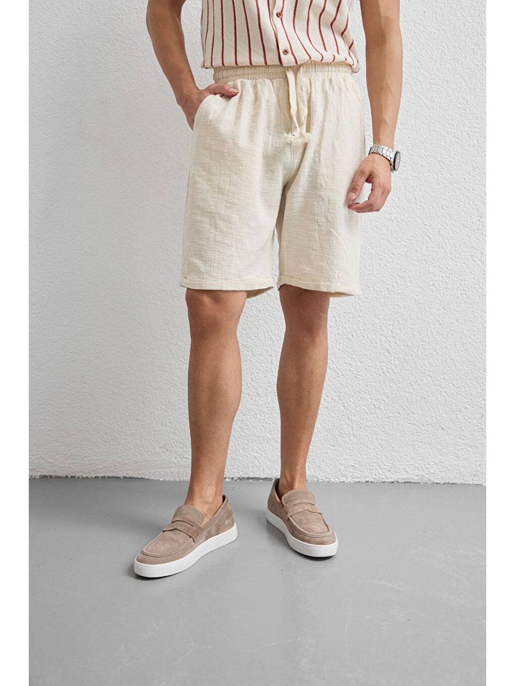 Bej Sangi Erkek Keten Rahat Kalıp Şort-5
