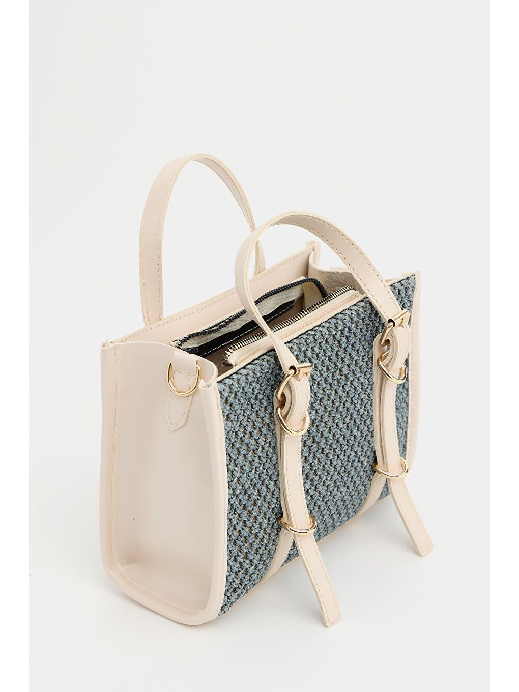 Deri Detaylı Hasır Örgü Kadın Çanta – Bohem Stil Omuz Ve El Çantası Bej-5