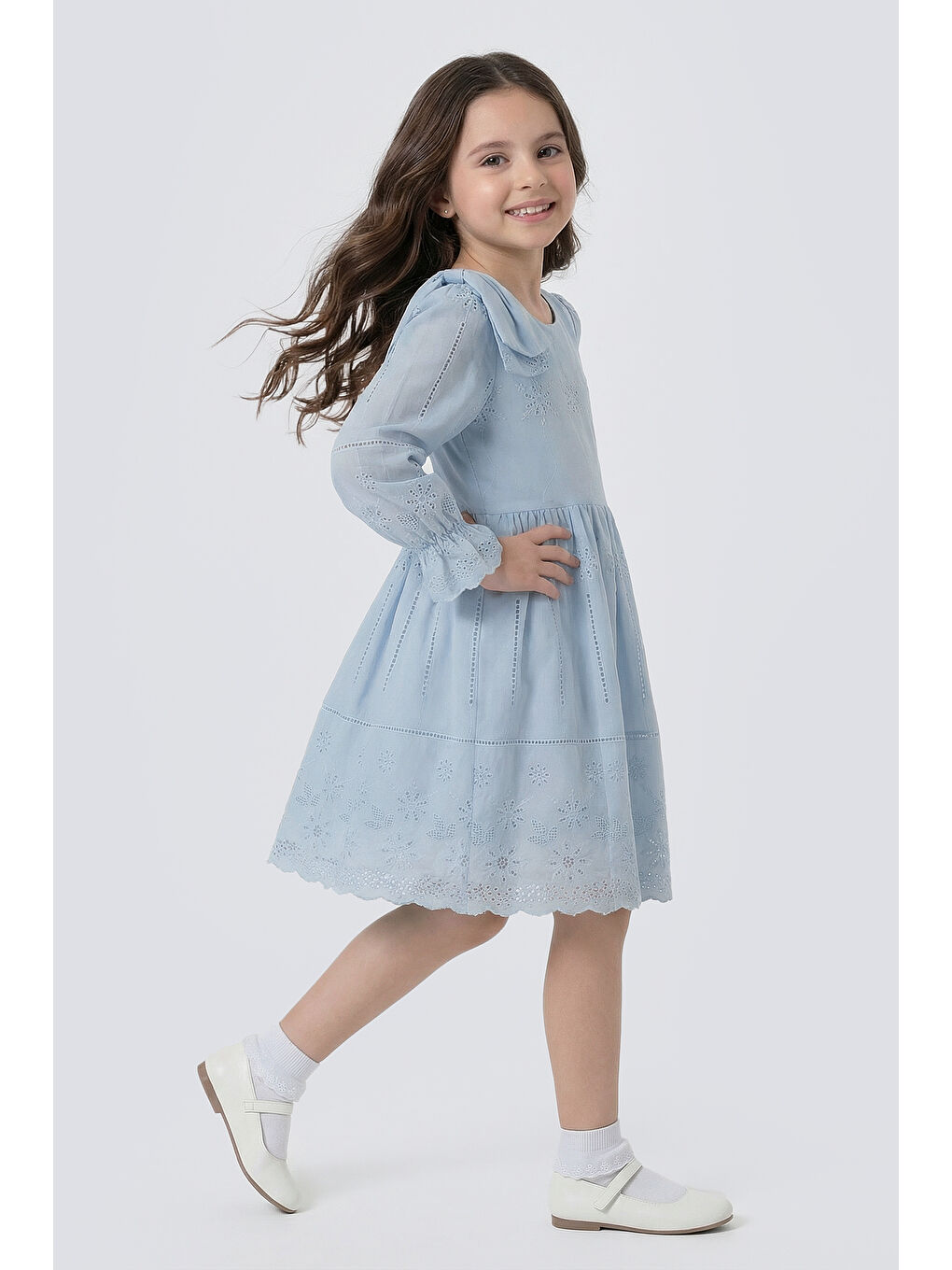 Mavi Kız Çocuk Omzu Fiyonk Detaylı Uzun Kollu Fisto Elbise-5