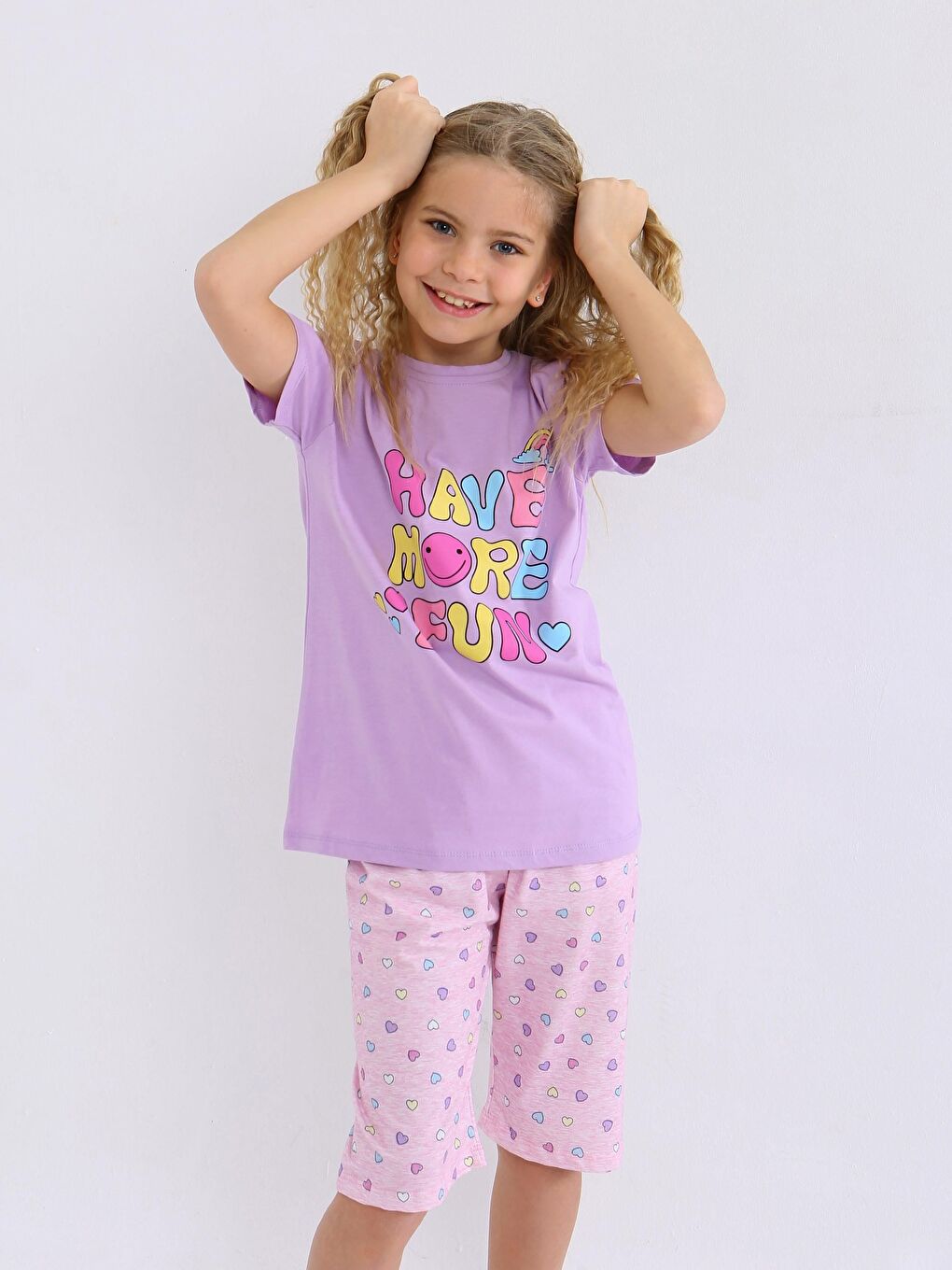 Lila Kız Çocuk Kısa Kollu Kapri %100 Pamuklu Pijama Takımı More Fun-1
