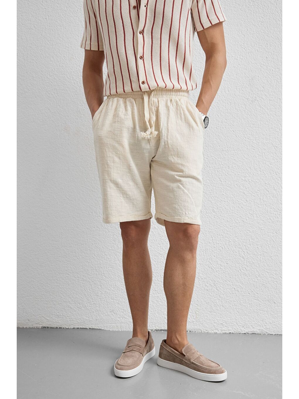Bej Sangi Erkek Keten Rahat Kalıp Şort-6