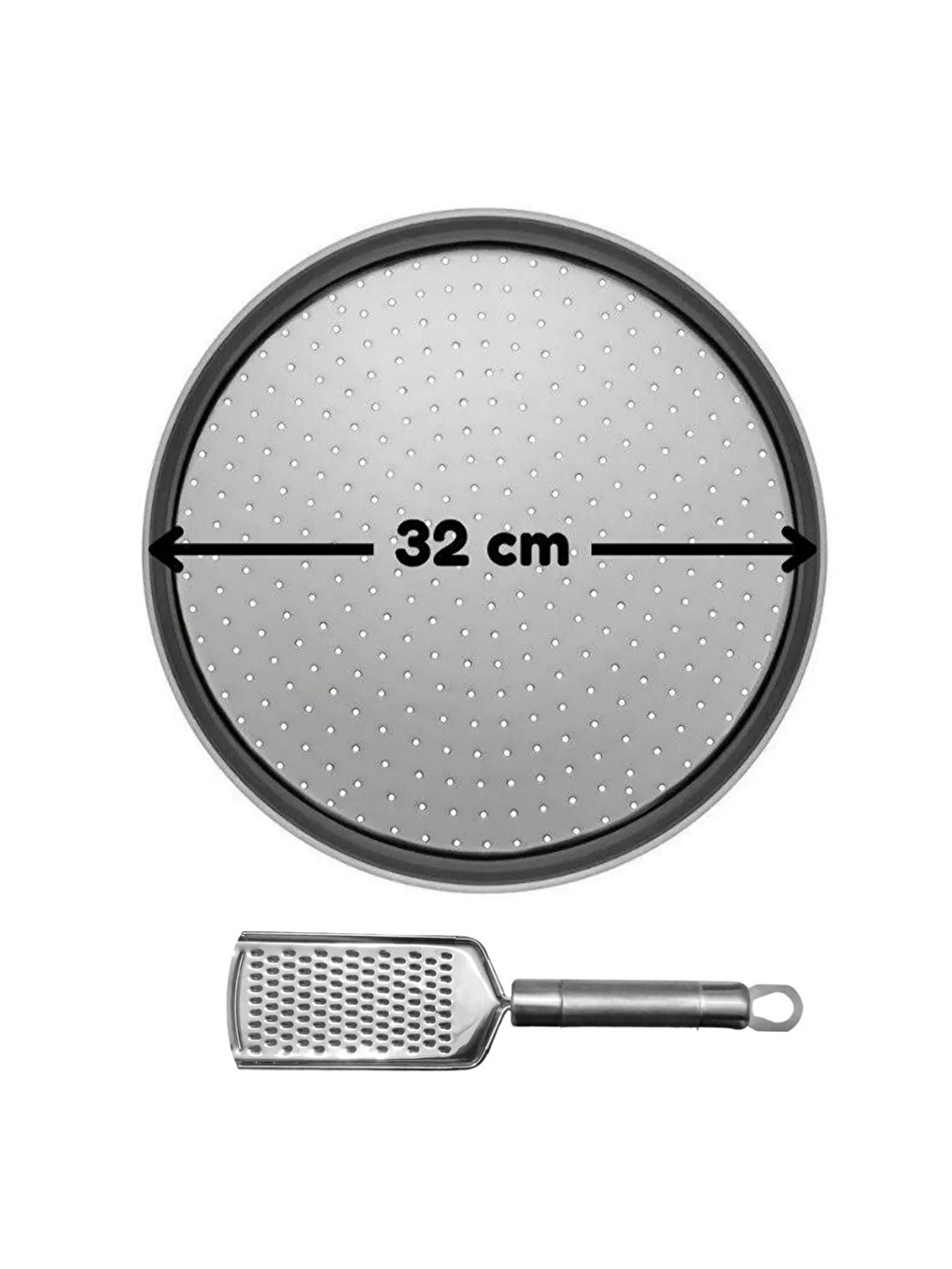 Gri Orta Boy Delikli Pizza Tepsisi Lahmacun Pide Tepsisi 32 cm ve Peynir Rendesi Çelik El Rendesi