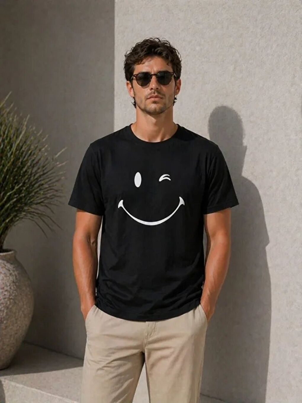 Erkek Minimal Gülümseyen Yüz Baskılı Tişört Kısa Kol Yazlık T-Shirt - Siyah-1