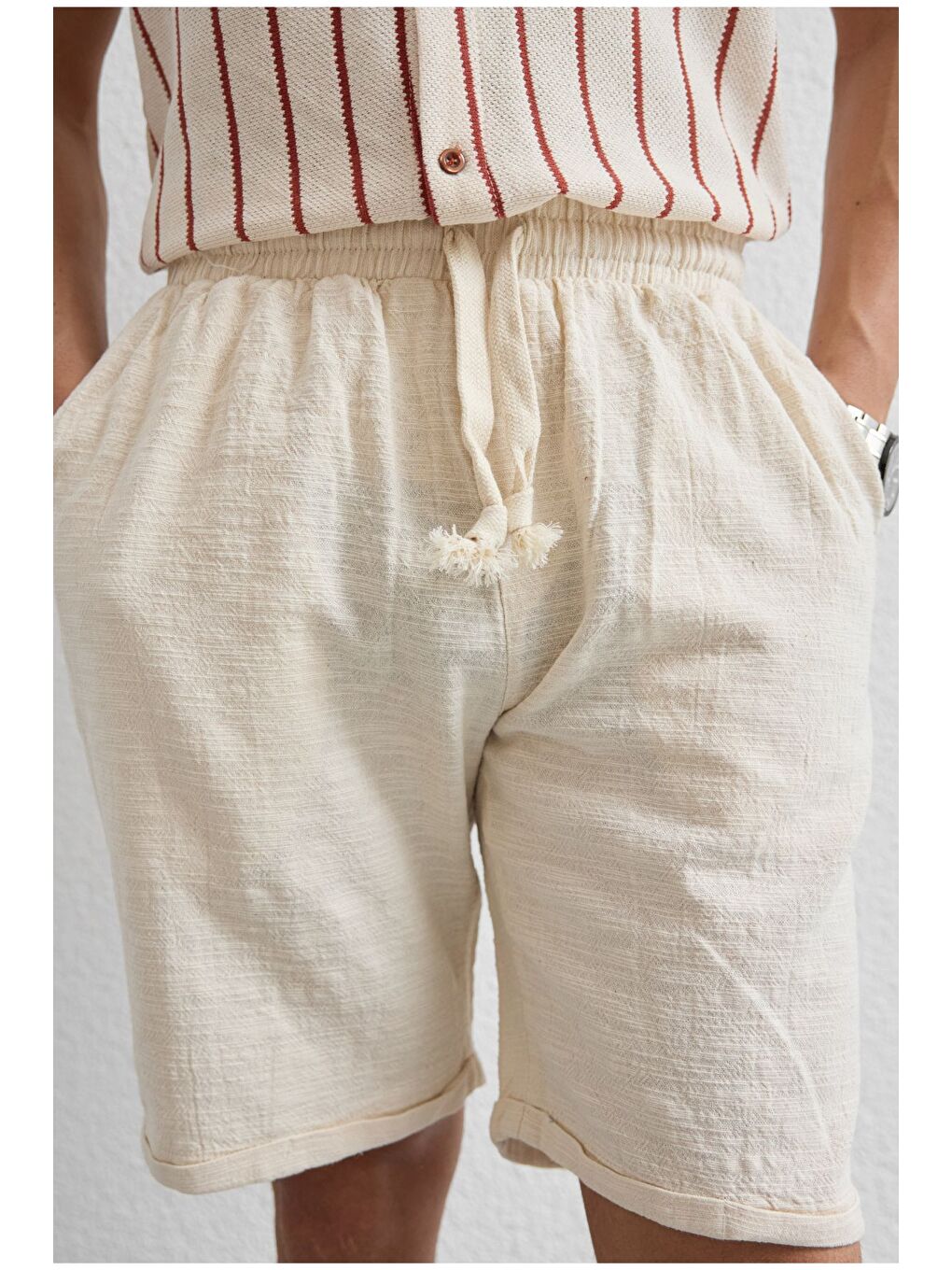 Bej Sangi Erkek Keten Rahat Kalıp Şort-7