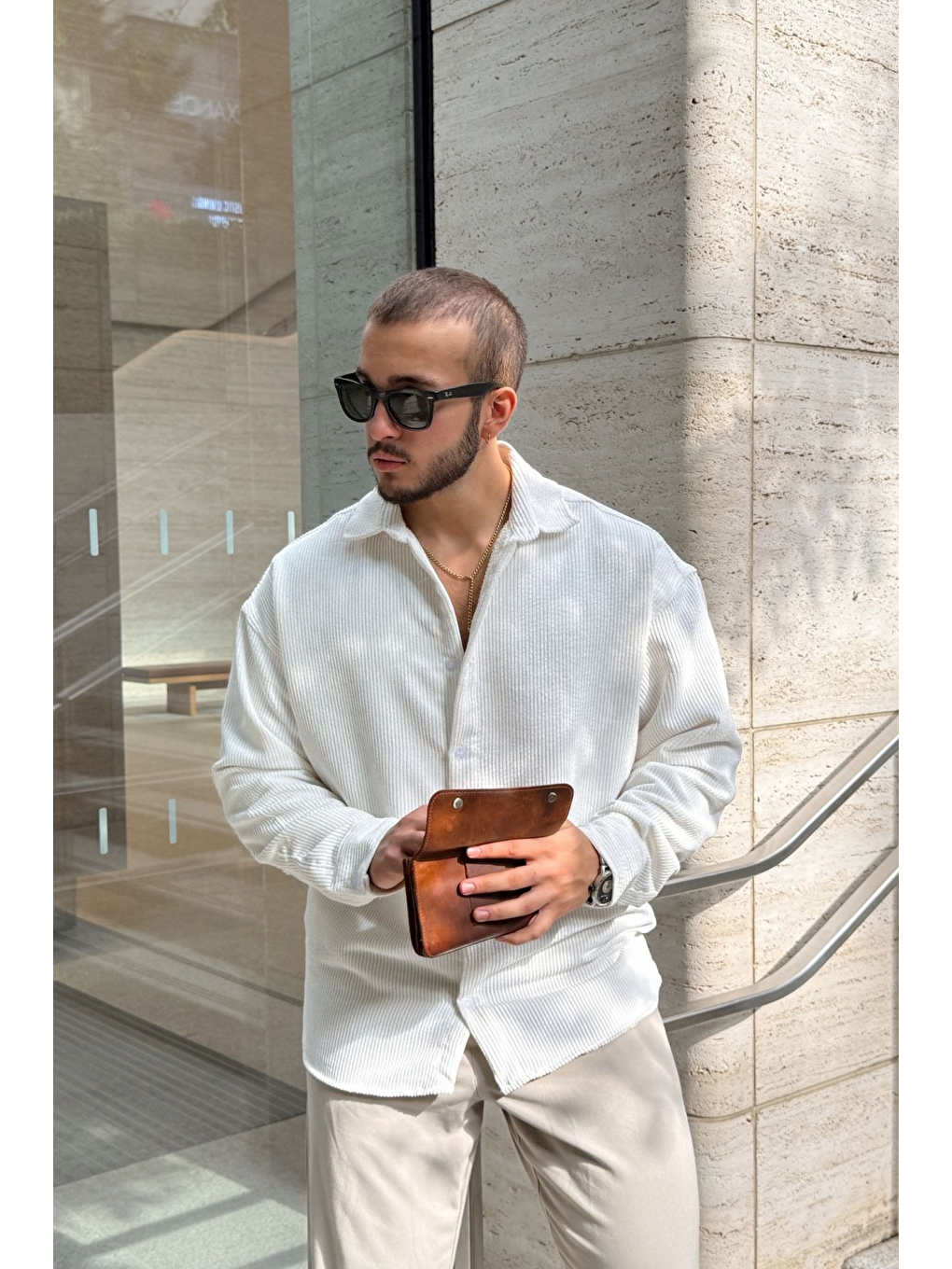 Beyaz Yotau Erkek Oversize Fit Kadife Uzun Kollu Gömlek Ceket-5