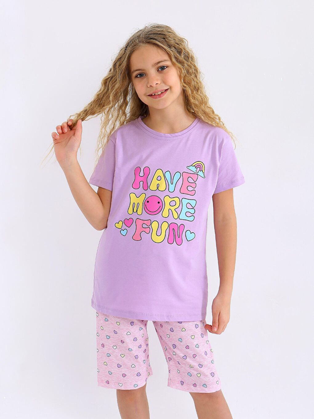 Lila Kız Çocuk Kısa Kollu Kapri %100 Pamuklu Pijama Takımı More Fun-3
