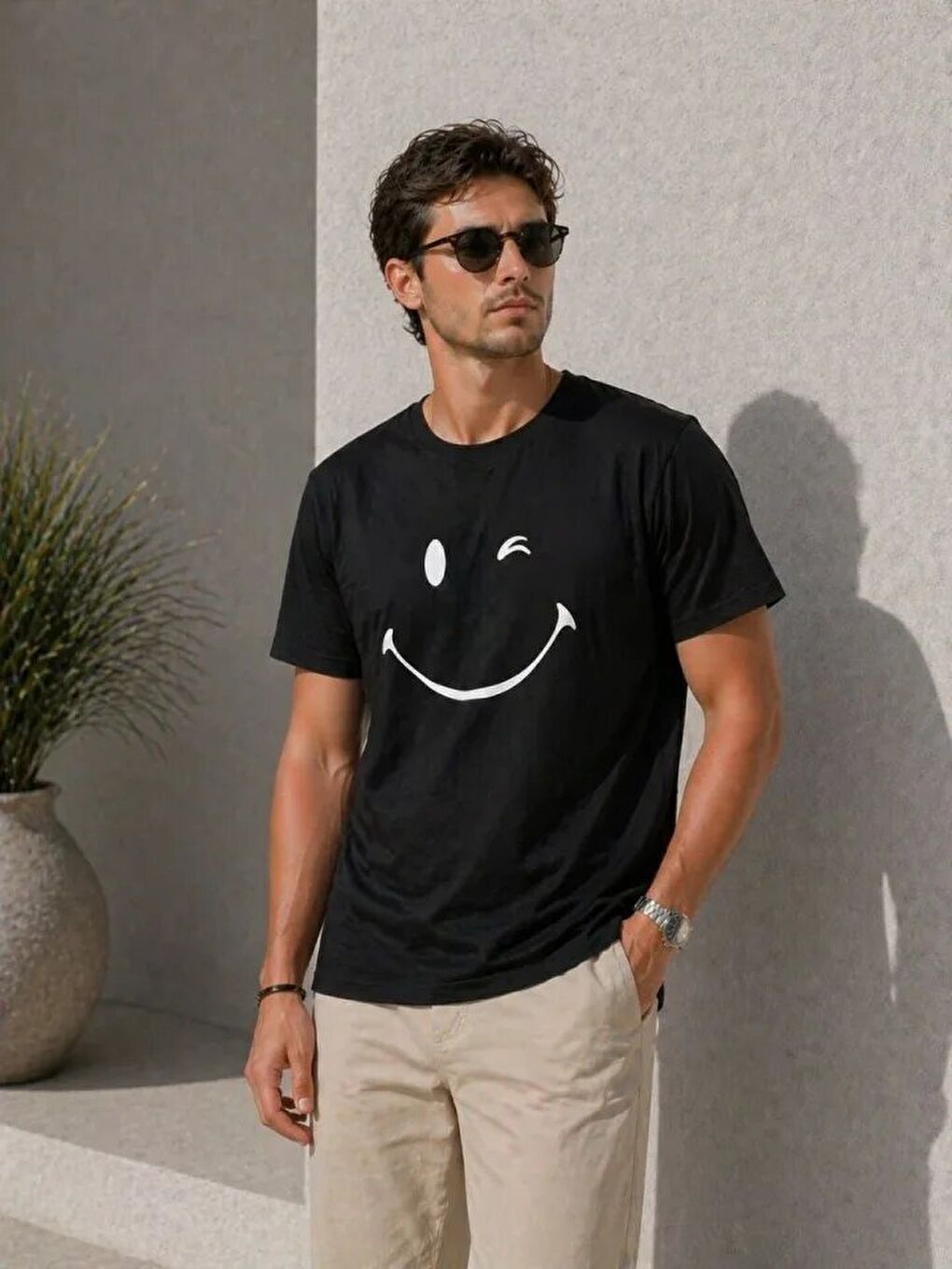 Erkek Minimal Gülümseyen Yüz Baskılı Tişört Kısa Kol Yazlık T-Shirt - Siyah-2