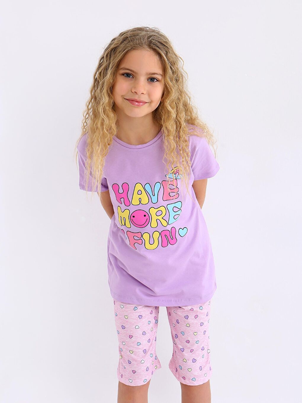 Lila Kız Çocuk Kısa Kollu Kapri %100 Pamuklu Pijama Takımı More Fun-4