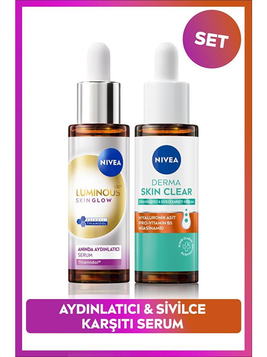 Luminous630 Skin Glow Aydınlatıcı Serum 30ml ve Derma Skin Clear Sivilce Karşıtı Serum, Niasinamid