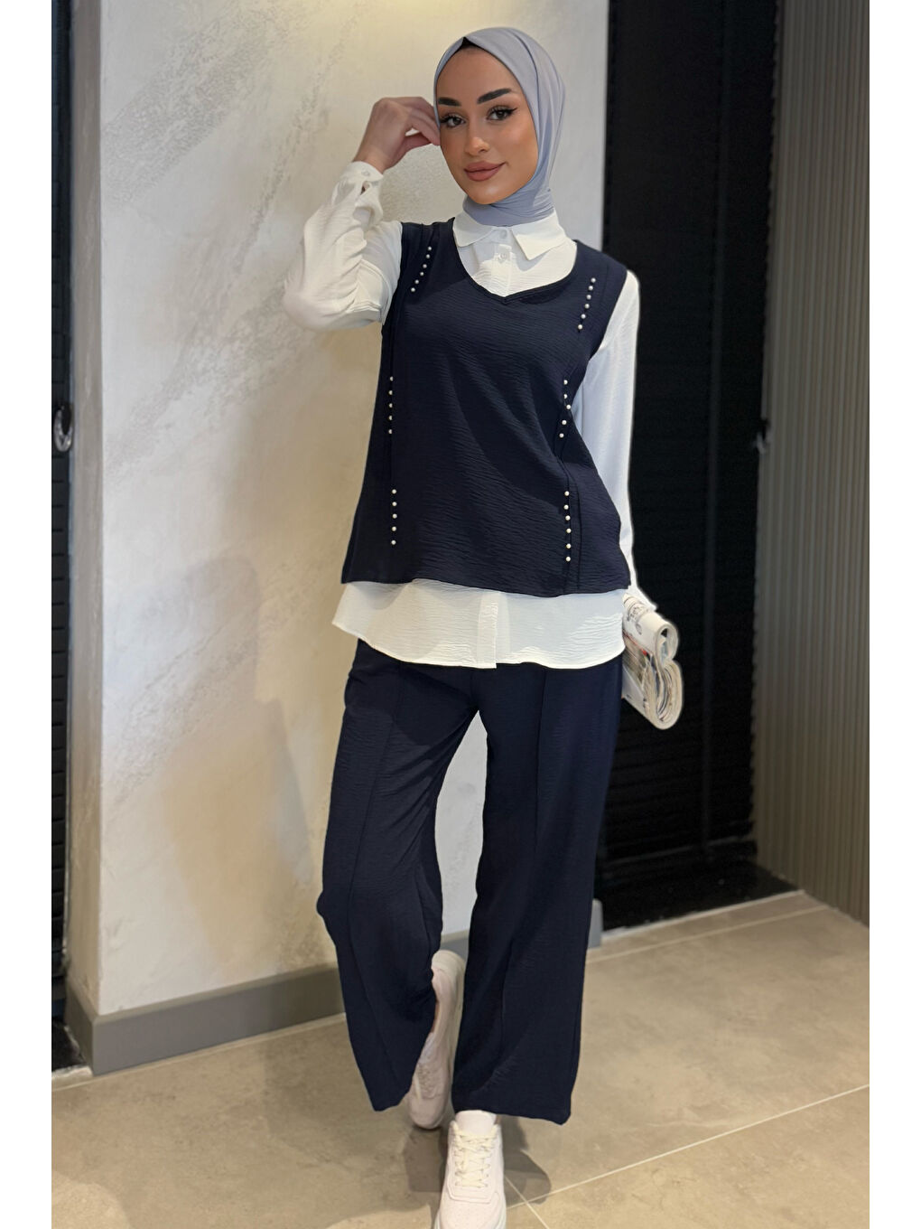 Lacivert İncili Gömlek Süveter Pantolon Tesettür Üçlü Takım-2