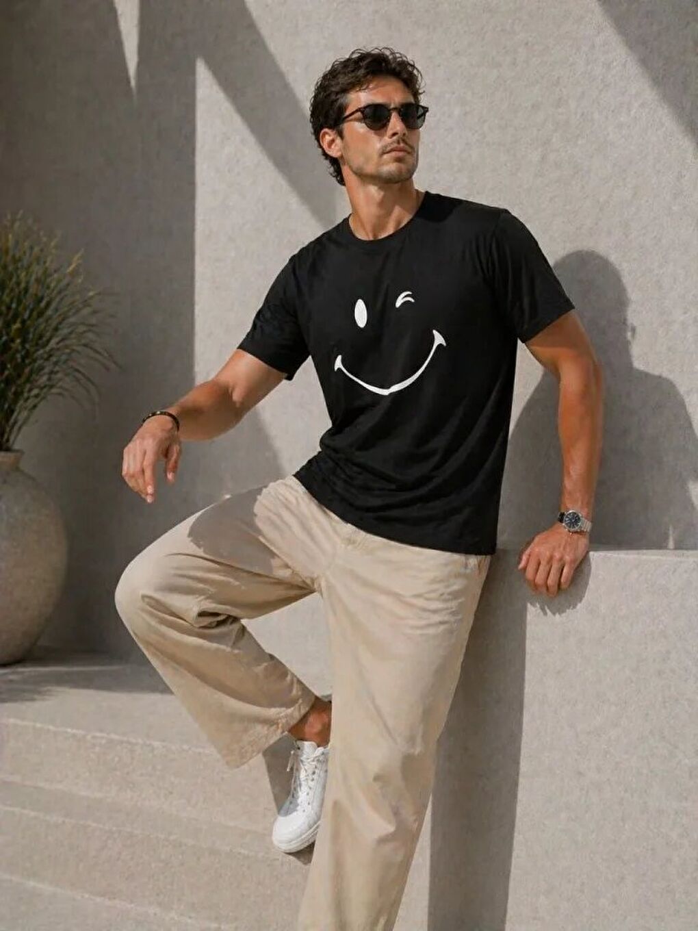 Erkek Minimal Gülümseyen Yüz Baskılı Tişört Kısa Kol Yazlık T-Shirt - Siyah-3