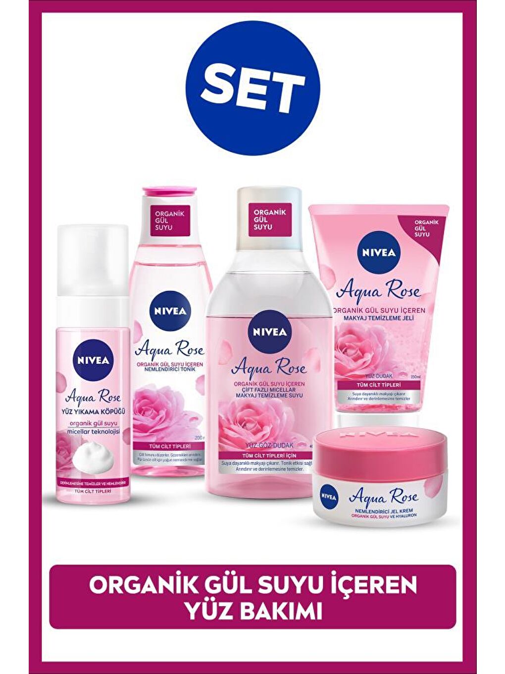 Aqua Rose Gül Suyu İçerikli Çeyiz Seti, Makyaj Temizleme Suyu ve Jeli, Yüz Yıkama Köpüğü, Tonik,Krem
