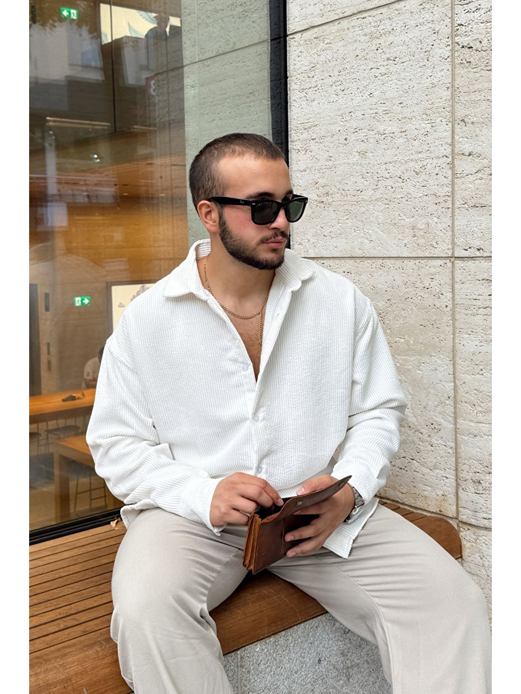 Beyaz Yotau Erkek Oversize Fit Kadife Uzun Kollu Gömlek Ceket-7