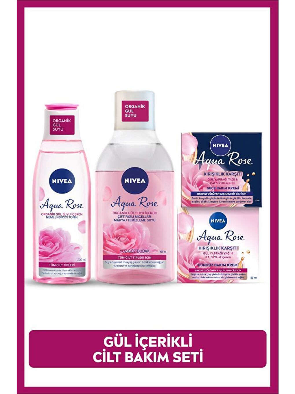 Aqua Rose Gül Suyu İçeren Çeyiz Seti, Makyaj Temizleme Suyu 400ml, Tonik 200ml, Gündüz ve Gece Kremi
