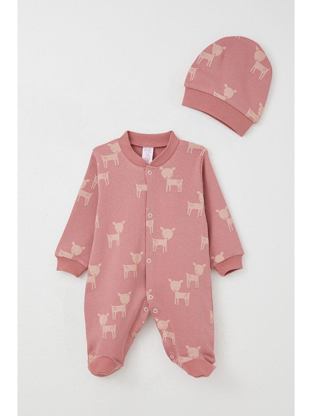 Pembe Kız Bebek Patikli Tulum Sevimli Ceylancık Desenli Gülkurusu (0-6 Ay)