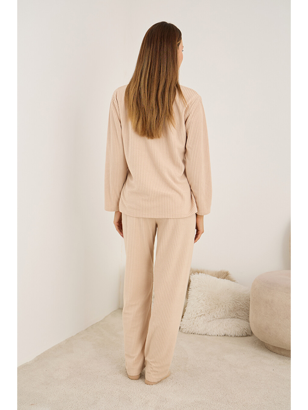 Pembe Somon Nakışlı Polar Kışlık Waffle Örme Kumaşlı Pijama Takım-2