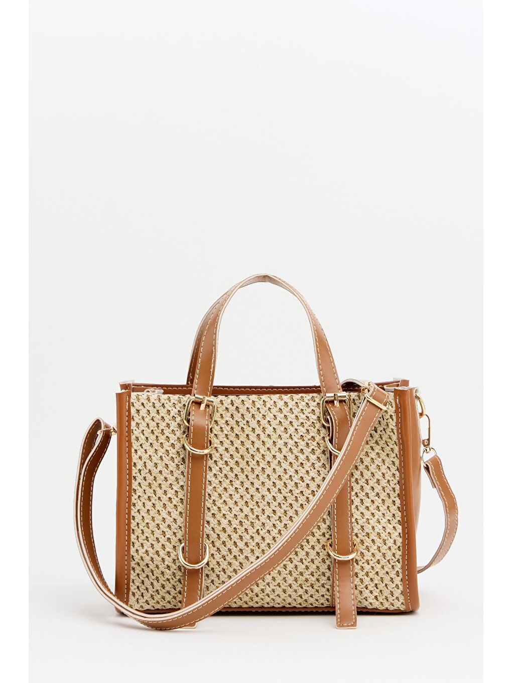 Kahverengi Deri Detaylı Hasır Örgü Kadın Çanta – Bohem Stil Omuz Ve El Çantası Taba
