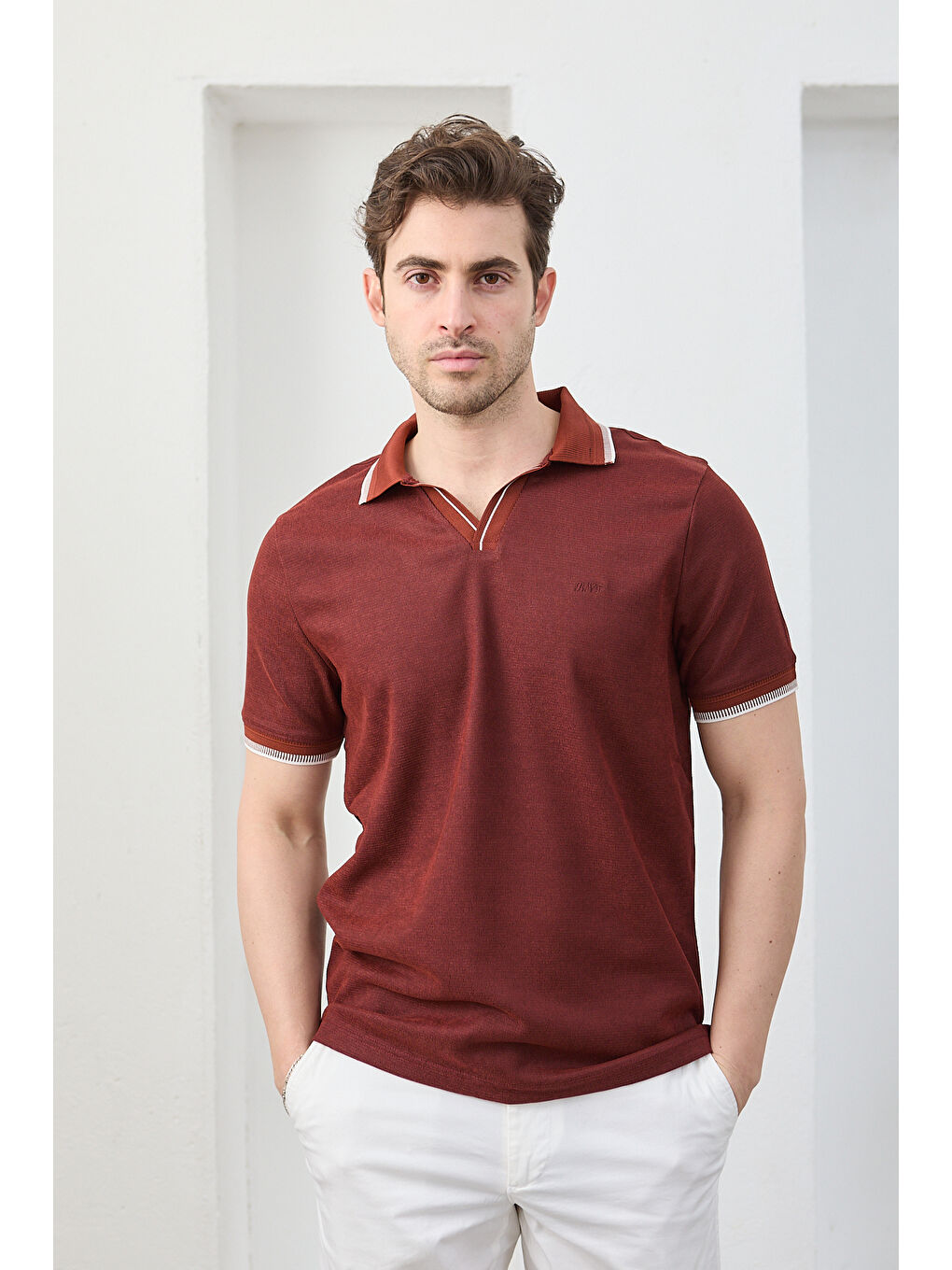 Kahverengi Lodz Erkek Polo Yaka Tişört Çekmeyen Pamuklu Kumaş Regular Fit Günlük